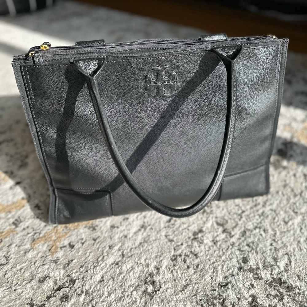 Tory Burch Black Leather & Canvas Double-Compartment Tote